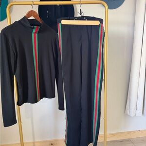 Women's Black Wide-Leg Track Pants with Green & Red Side Stripes